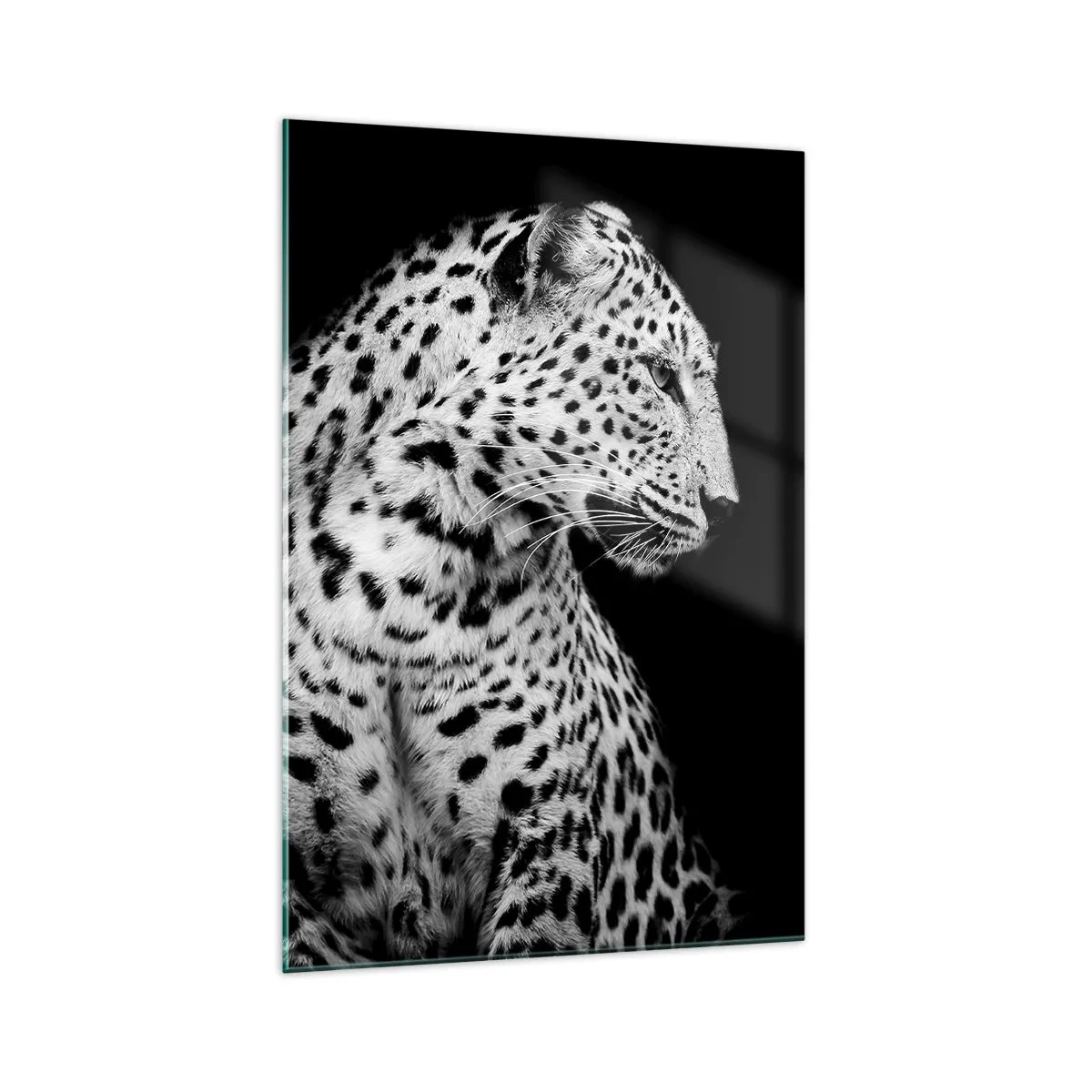 Quadro su vetro - Immagine in bianco e nero di un leopardo su sfondo nero - 70x100cm - Profilo destro perfetto! - Decorazione murale moderna per soggiorno e camera da letto ARTTOR