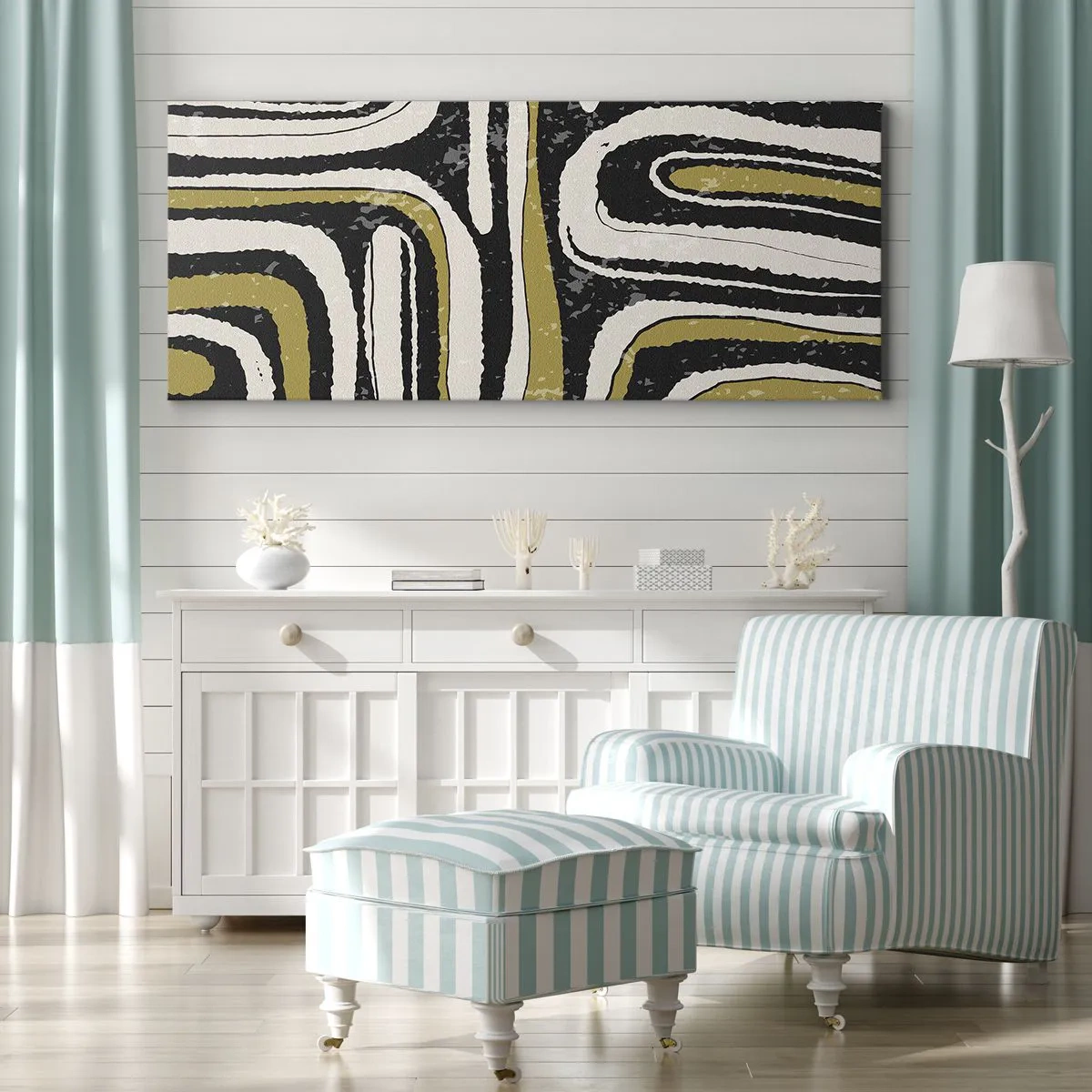 Quadro su tela - Stampe su Tela - Motivo astratto in nero, bianco e oro - 120x50cm - Composizione: strade e vicoli - Decorazione murale moderna per soggiorno e camera da letto ARTTOR