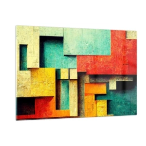 Quadro su vetro - Astrazione geometrica colorata fatta di rettangoli - 120x80cm - Il festival degli angoli retti - Decorazione murale moderna per soggiorno e camera da letto ARTTOR