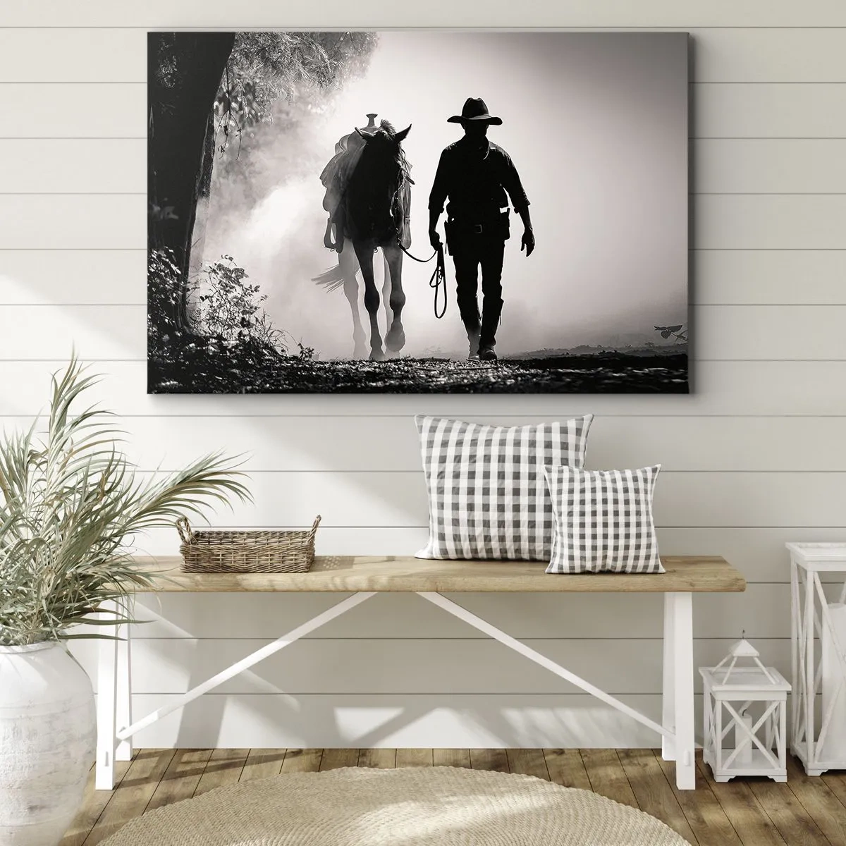 Quadro su tela - Stampe su Tela - Cowboy con cavallo nella nebbia mattutina - 70x50cm - Mattino texano - Decorazione murale moderna per soggiorno e camera da letto ARTTOR