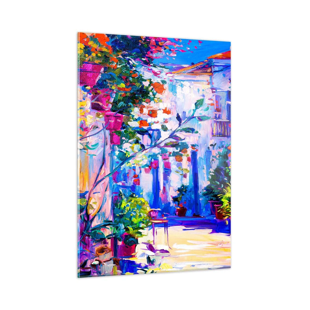Quadro su vetro - Una strada colorata con piante fiorite e luci - 50x70cm - Impressionismo: stradina italiana - Decorazione murale moderna per soggiorno e camera da letto ARTTOR