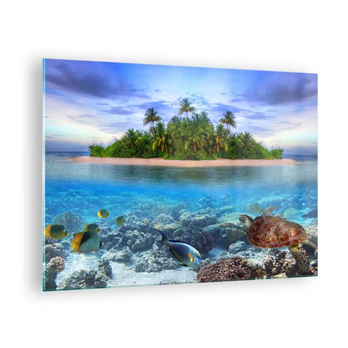 Quadro su vetro - Un'isola tropicale con barriera corallina e vita marina - 70x50cm - L'isola del paradiso dà il benvenuto - Decorazione murale moderna per soggiorno e camera da letto ARTTOR