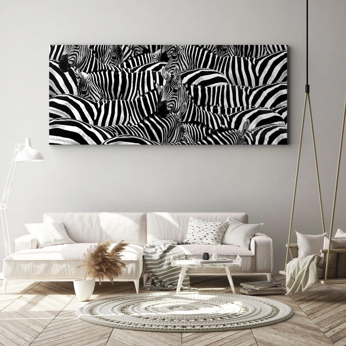 Quadro su tela - Stampe su Tela - Un gruppo di zebre con strisce bianche e nere che creano un motivo di simmetria. - 160x50cm - Ritratto collettivo a strisce - Decorazione murale moderna per soggiorno e camera da letto ARTTOR