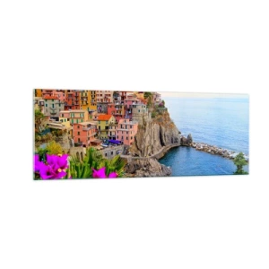 Quadro su vetro - Case colorate su una scogliera a picco sul mare in un paesaggio pittoresco - 140x50cm - La città che ride - Decorazione murale moderna per soggiorno e camera da letto ARTTOR