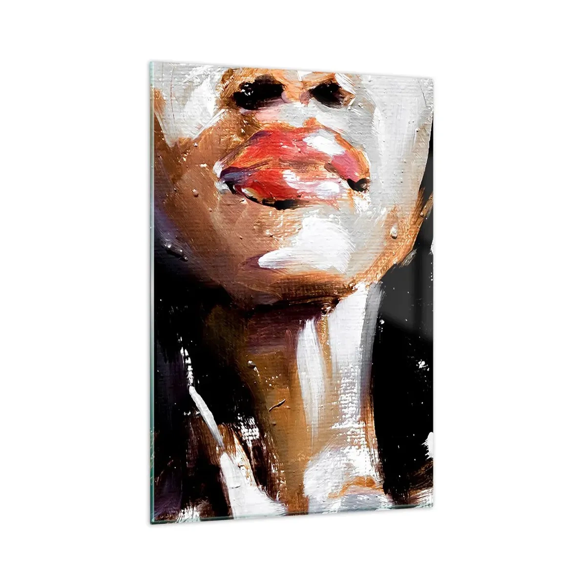 Quadro su vetro - Ritratto di una donna in stile pittorico espressivo su uno sfondo scuro - 80x120cm - Orgoglio senza pregiudizio - Decorazione murale moderna per soggiorno e camera da letto ARTTOR