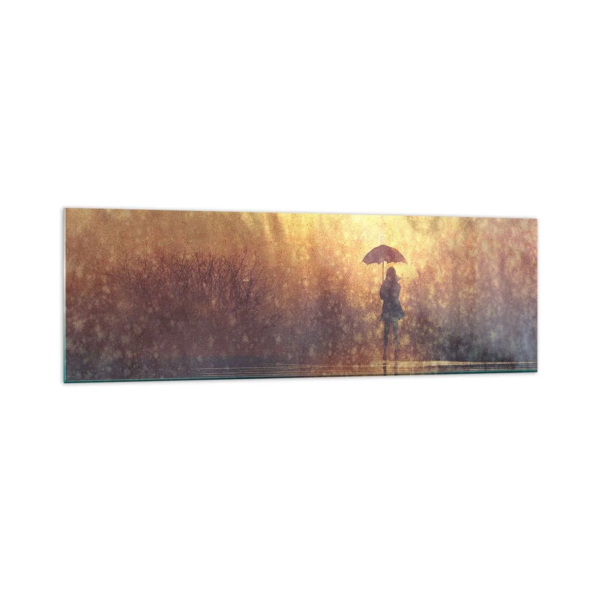 Quadro su vetro - Una figura con un ombrello in un paesaggio nebbioso pieno di riflessi - 160x50cm - Sento che qualcuno mi guarda - Decorazione murale moderna per soggiorno e camera da letto ARTTOR
