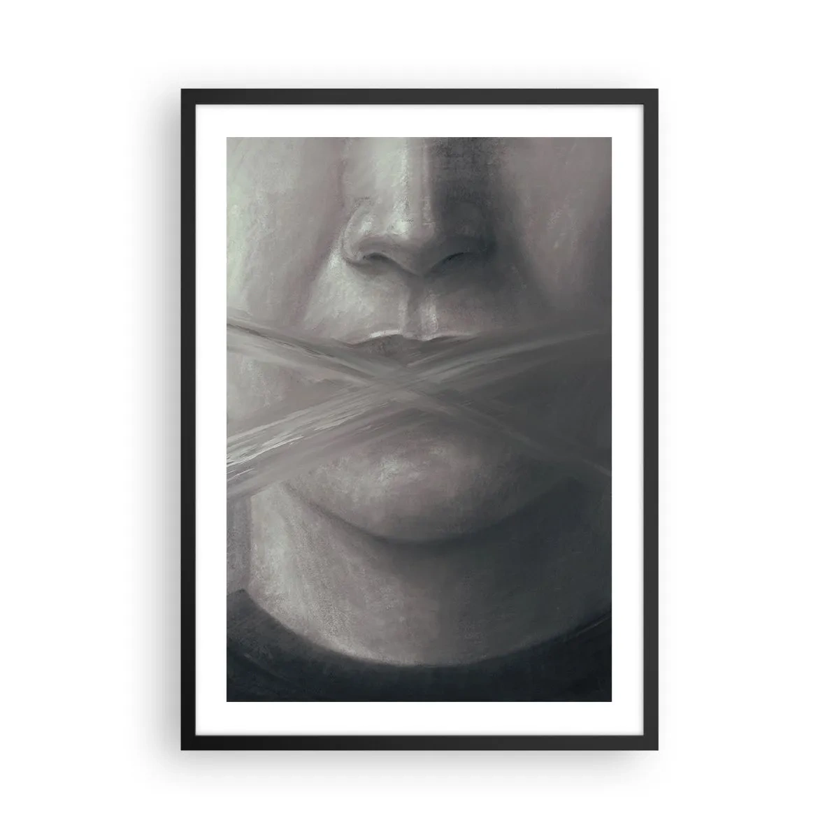 Poster in cornice nera - Un volto simbolico con la bocca coperta in colori monocromatici. - 50x70cm - Neanche una parola - Decorazione murale moderna per soggiorno e camera da letto ARTTOR