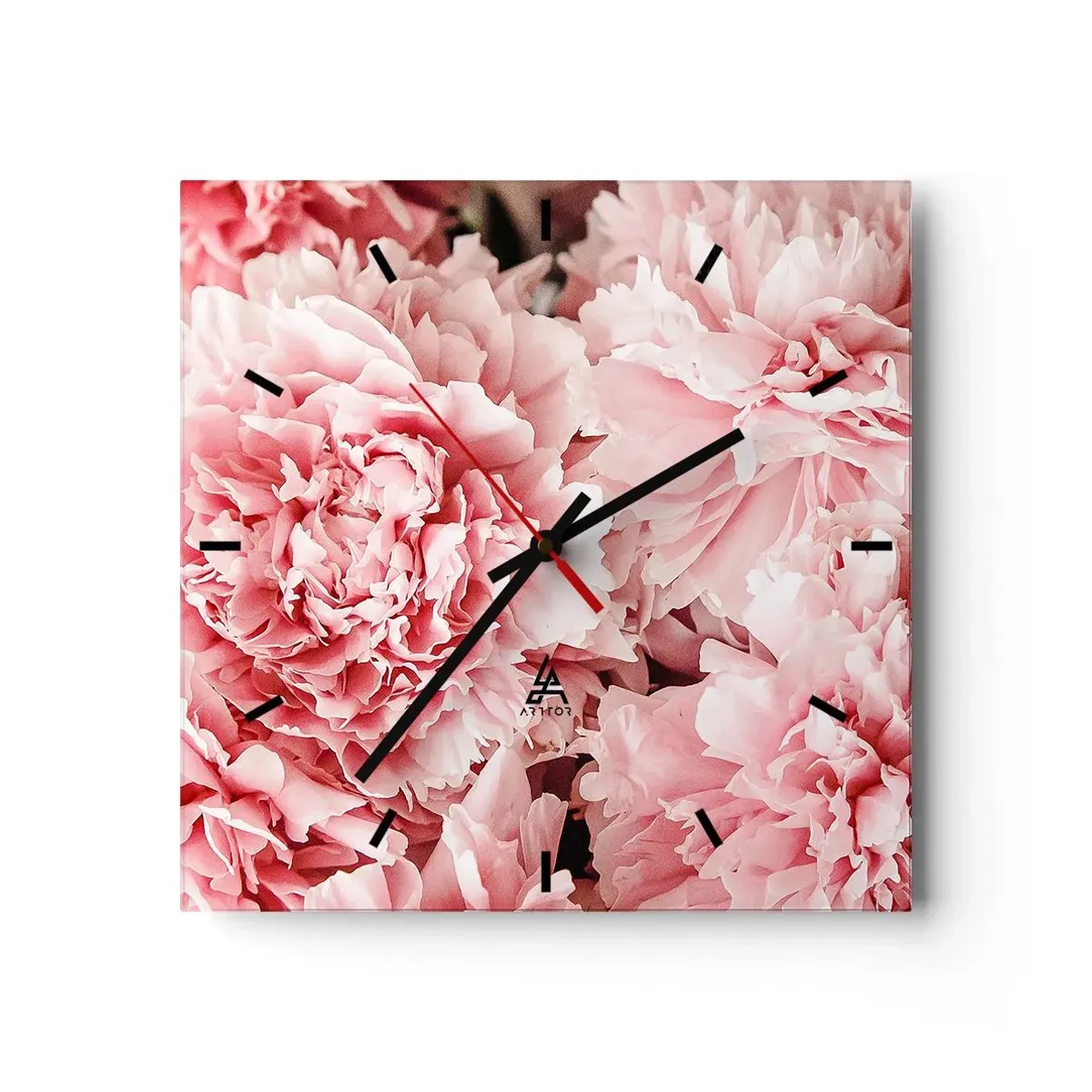 Orologio da parete - Orologio in Vetro - Delicate peonie rosa in un ambiente delicato - 30x30cm - Sogno rosa - Decorazione murale moderna per soggiorno e camera da letto ARTTOR
