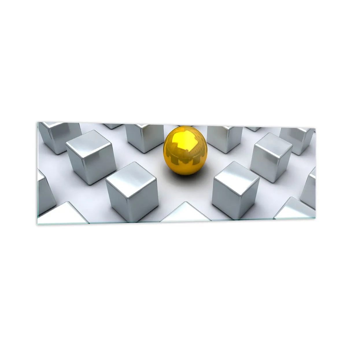 Quadro su vetro - Una sfera dorata che spicca tra i cubi d'argento - 160x50cm - Perché io? Composizione geometrica - Decorazione murale moderna per soggiorno e camera da letto ARTTOR