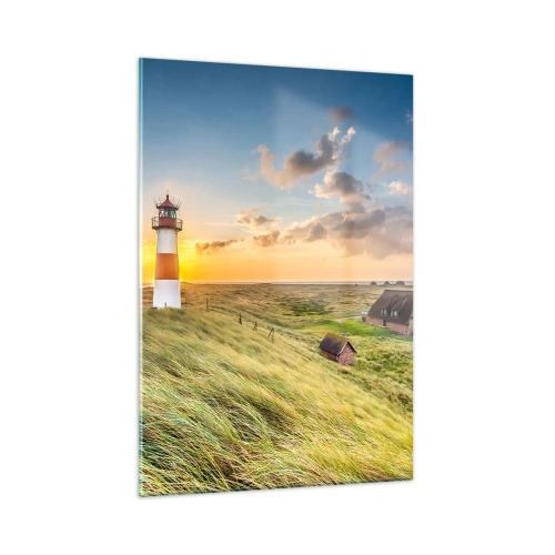 Quadro su vetro - Un faro al tramonto su un mare in tempesta - 50x70cm - Tra le onde - Decorazione murale moderna per soggiorno e camera da letto ARTTOR