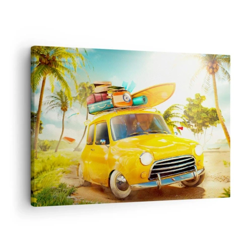 Quadro su tela - Stampe su Tela - Un'auto gialla con bagagli sullo sfondo di un paesaggio tropicale - 70x50cm - Viaggio nel paese dei sorrisi - Decorazione murale moderna per soggiorno e camera da letto ARTTOR