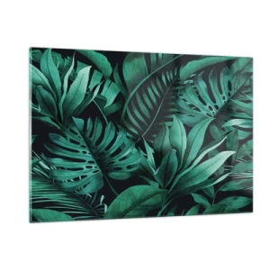 Quadro su vetro - Lussureggianti foglie verdi in una composizione tropicale - 120x80cm - Dal profondo del verde tropicale - Decorazione murale moderna per soggiorno e camera da letto ARTTOR