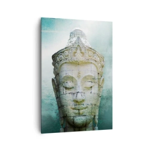 Quadro su tela - Stampe su Tela - Statua del Buddha con una leggera nebbia su uno sfondo verde - 70x100cm - Cercando la luce - Decorazione murale moderna per soggiorno e camera da letto ARTTOR