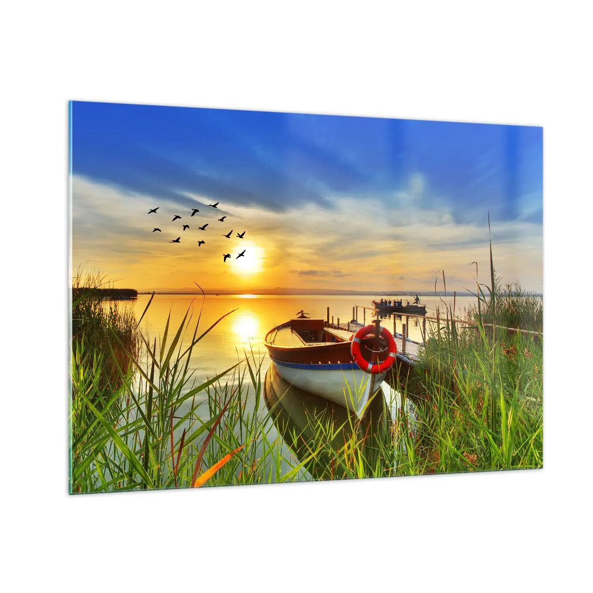 Quadro su vetro - Una barca su un lago al tramonto con uccelli nel cielo - 100x70cm - I cormorano volano già via - Decorazione murale moderna per soggiorno e camera da letto ARTTOR