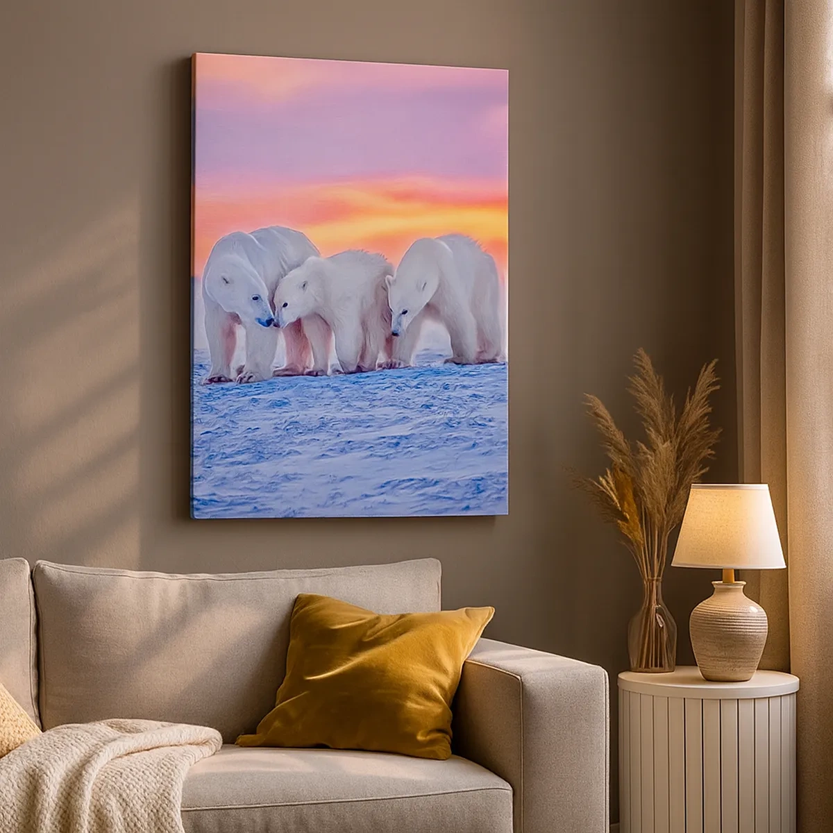 Quadro su tela - Stampe su Tela - Tre orsi polari sullo sfondo di un tramonto artico - 50x70cm - Basta il calore della famiglia - Decorazione murale moderna per soggiorno e camera da letto ARTTOR