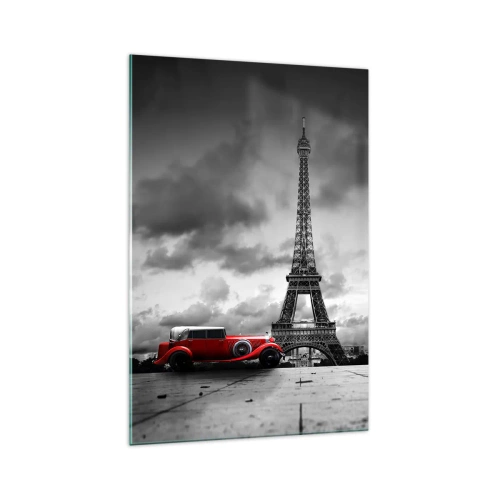 Quadro su vetro - Auto retrò rossa davanti alla Torre Eiffel in bianco e nero - 70x100cm - Non molto tempo fa a Parigi - Decorazione murale moderna per soggiorno e camera da letto ARTTOR
