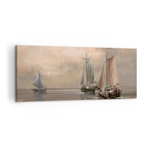 Quadro su tela - Stampe su Tela - Barche a vela su un mare calmo in un ambiente pastello - 120x50cm - Il ritorno dei marinai - Decorazione murale moderna per soggiorno e camera da letto ARTTOR