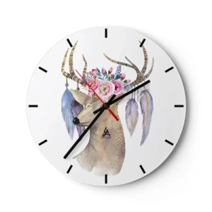 Orologio da parete - Orologio in Vetro - Disegno artistico di un cervo con fiori sulle corna e sulle piume - 30x30cm - Guida delle anime: delicato e innocente - Decorazione murale moderna per soggiorno, cucina e camera da letto ARTTOR
