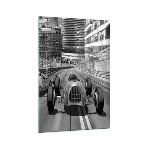 Quadro su vetro - Scena di gara automobilistica retrò monocromatica - 70x100cm - Tanto tempo fa a Montecarlo - Decorazione murale moderna per soggiorno e camera da letto ARTTOR