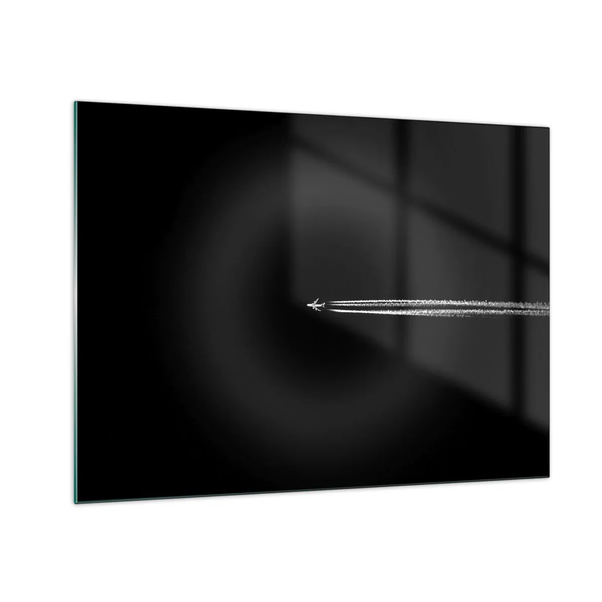 Quadro su vetro - Un aereo a reazione su uno sfondo nero con una scia di condensazione - 70x50cm - In un'altra dimensione - Decorazione murale moderna per soggiorno e camera da letto ARTTOR