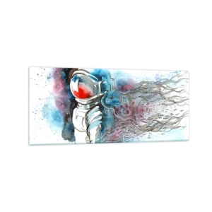 Quadro su vetro - Un cosmonauta in un acquerello dinamico con dettagli cosmici - 120x50cm - Da solo nel cosmo - Decorazione murale moderna per soggiorno e camera da letto ARTTOR