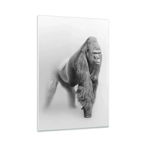 Quadro su vetro - Gorilla in toni monocromatici su sfondo bianco - 80x120cm - Sicuro della propria forza - Decorazione murale moderna per soggiorno e camera da letto ARTTOR