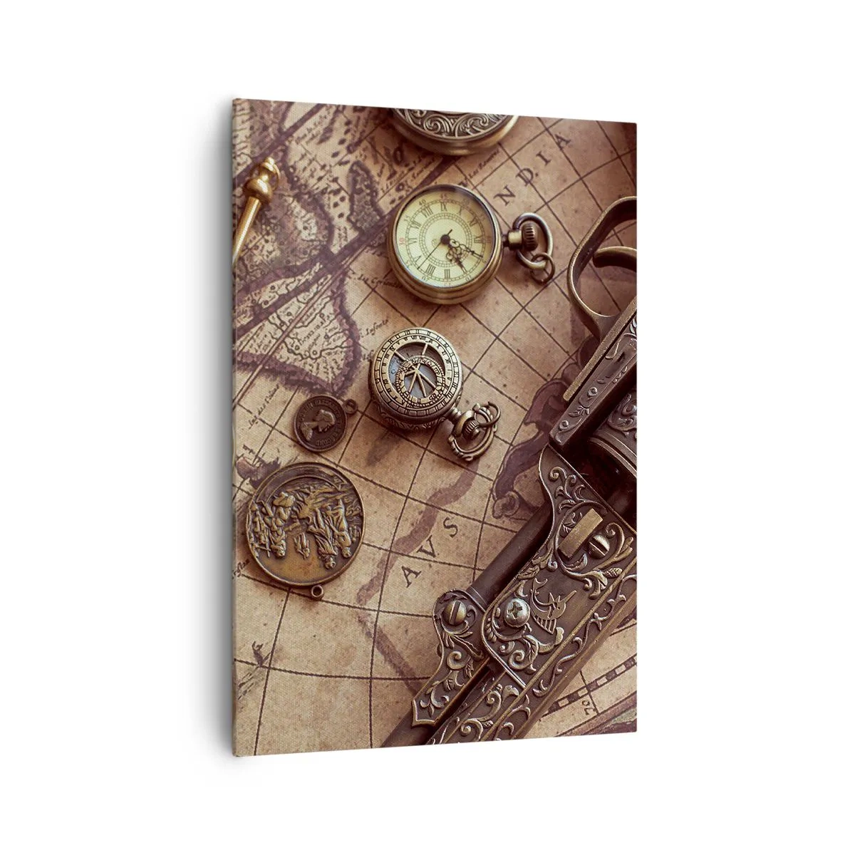 Quadro su tela - Stampe su Tela - Oggetti antichi su una vecchia mappa in stile retrò - 70x100cm - La natura chiama - Decorazione murale moderna per soggiorno e camera da letto ARTTOR