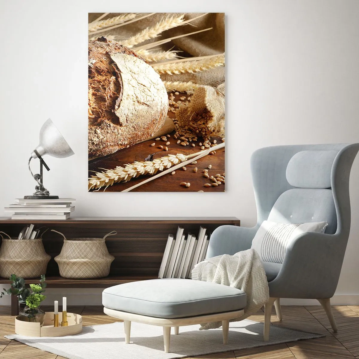 Quadro su vetro - Pane su un tagliere con spighe di grano e sacchi di grano - 50x70cm - Appetitoso, profumato, croccante - Decorazione murale moderna per soggiorno e camera da letto ARTTOR