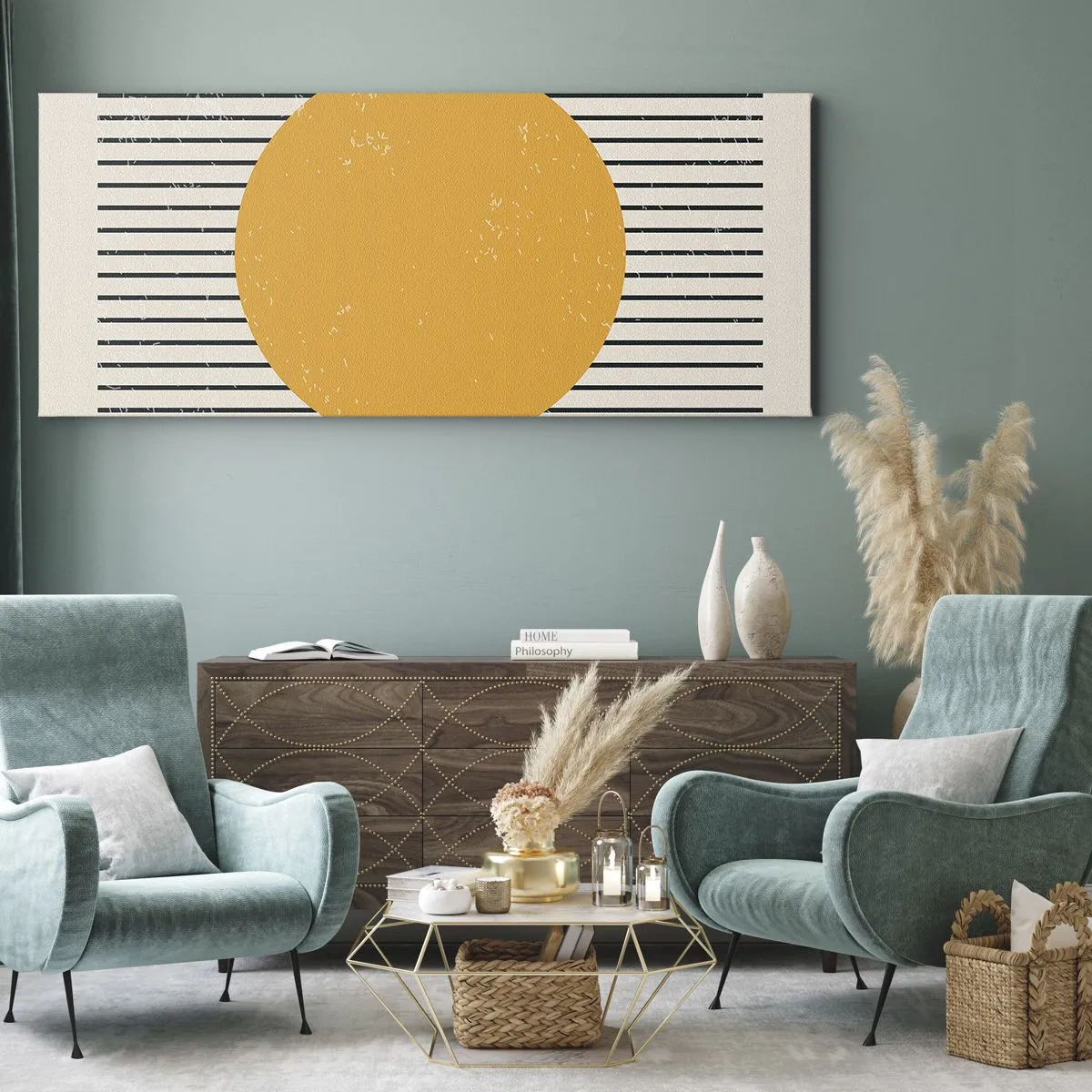 Quadro su tela - Stampe su Tela - Un cerchio giallo su uno sfondo di linee orizzontali bianche e nere - 160x50cm - La forza della semplicità - Decorazione murale moderna per soggiorno e camera da letto ARTTOR