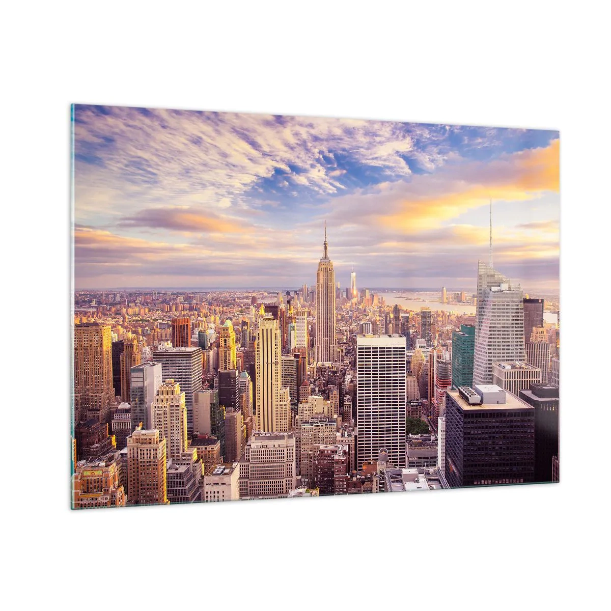 Quadro su vetro - Panorama della città con grattacieli al tramonto - 100x70cm - Toccando le nuvole - Decorazione murale moderna per soggiorno e camera da letto ARTTOR