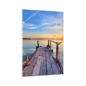 Quadro su vetro - Molo di legno al tramonto su un lago calmo - 70x100cm - Camminando verso il sole - Decorazione murale moderna per soggiorno e camera da letto ARTTOR