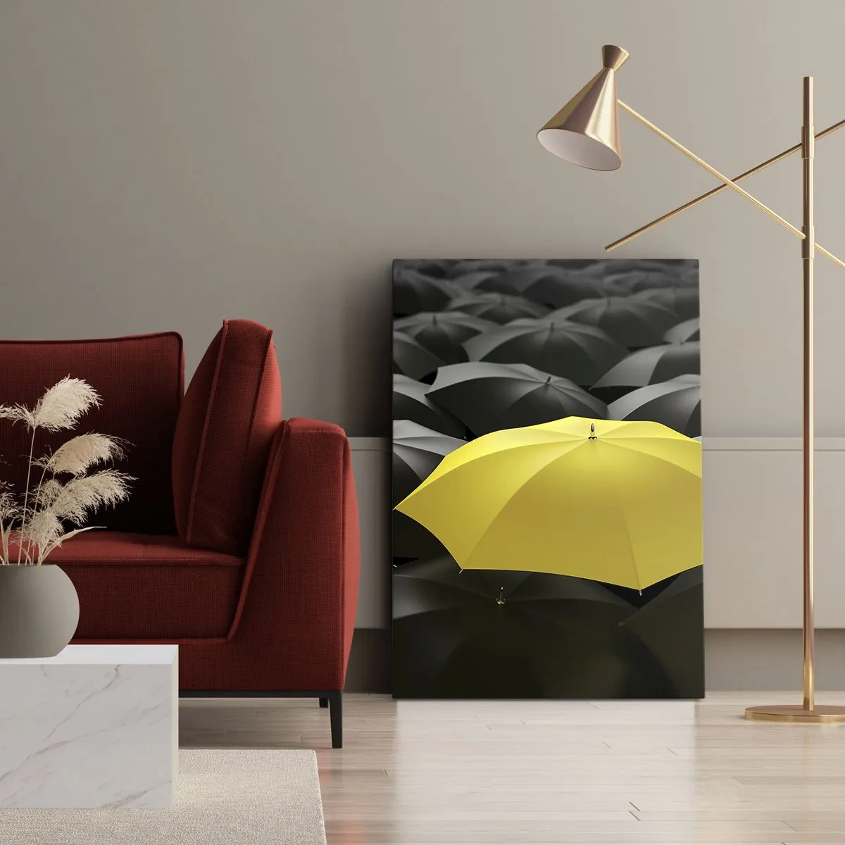 Quadro su tela - Stampe su Tela - Un ombrello giallo tra ombrelli neri - 80x120cm - Addio tristezza - Decorazione murale moderna per soggiorno e camera da letto ARTTOR