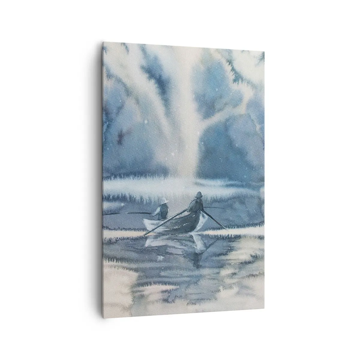 Quadro su tela - Stampe su Tela - Paesaggio ad acquerello con barche su un lago circondato da una foresta nebbiosa - 80x120cm - I pescatori nel loro paradiso - Decorazione murale moderna per soggiorno e camera da letto ARTTOR