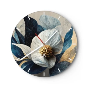 Orologio da parete - Orologio in Vetro - Una composizione floreale bianca con foglie blu navy e un centro dorato - 30x30cm - Ha un cuore d'oro - Decorazione murale moderna per soggiorno, cucina e camera da letto ARTTOR