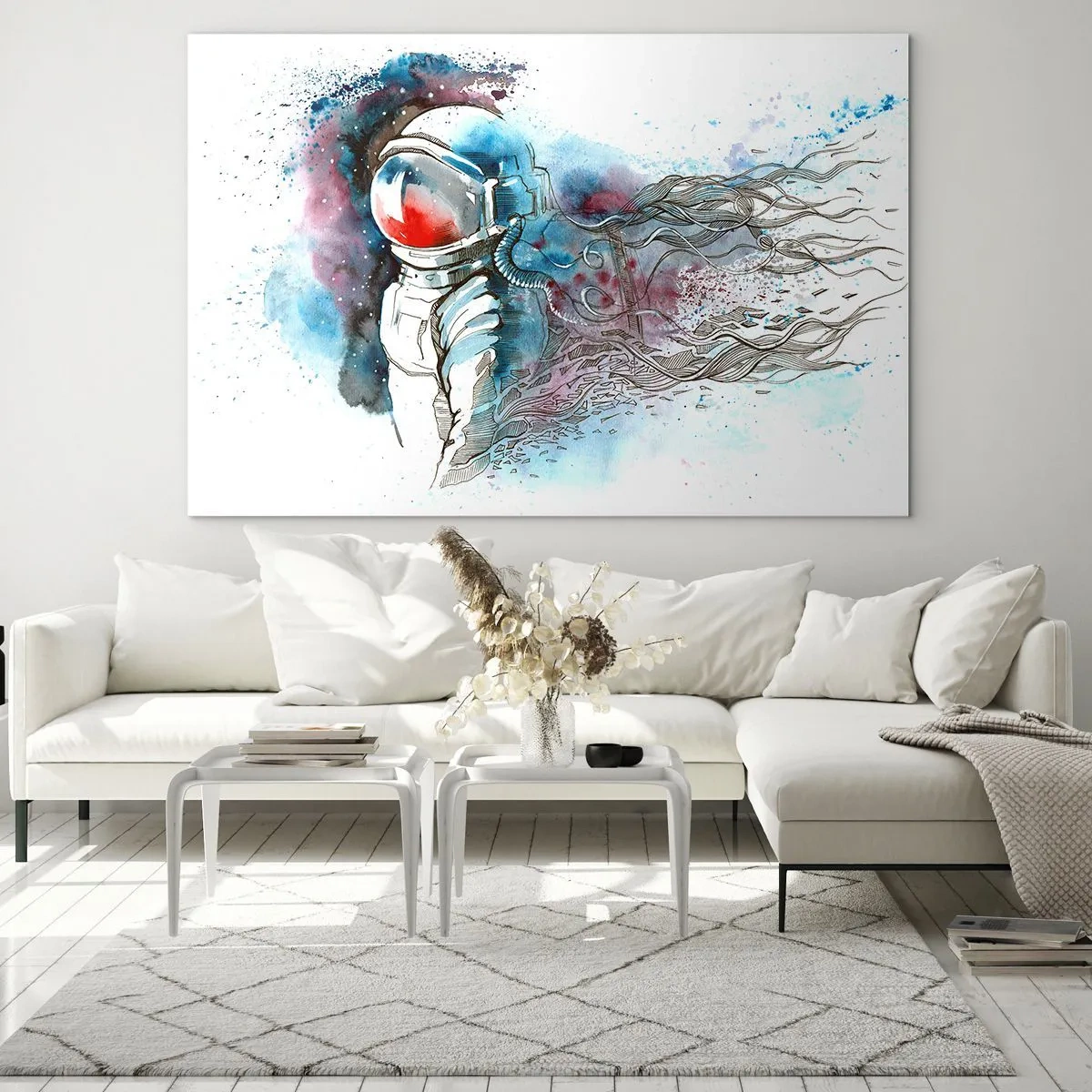Quadro su vetro - Astronauta in un ambiente spaziale dinamico ad acquerello - 100x70cm - Da solo nel cosmo - Decorazione murale moderna per soggiorno e camera da letto ARTTOR