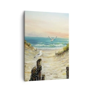 Quadro su tela - Stampe su Tela - Costa con gabbiani e dune al tramonto - 50x70cm - Silenzio senza vento - Decorazione murale moderna per soggiorno e camera da letto ARTTOR