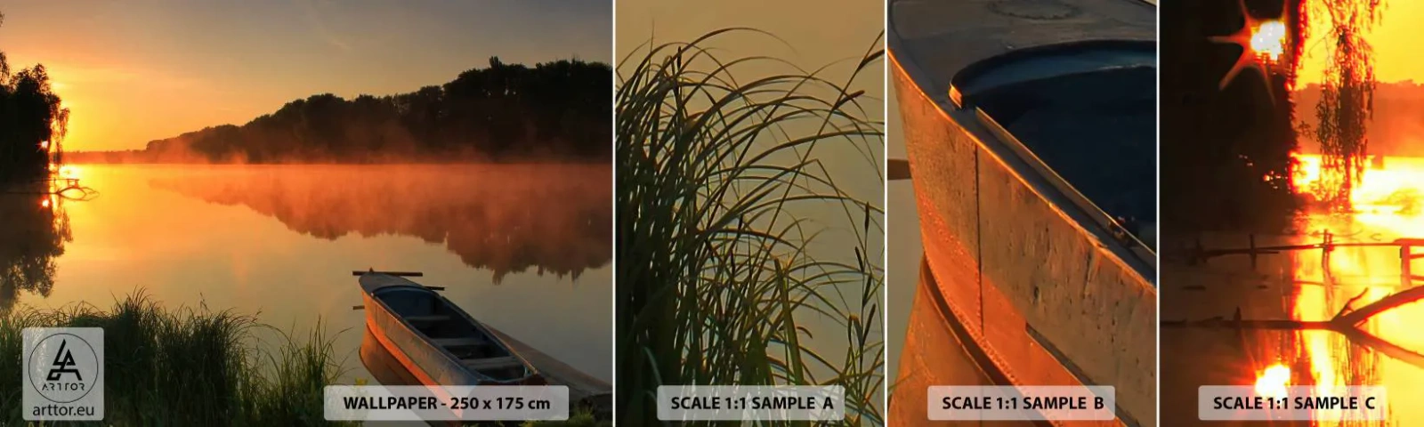 Campione Di Fotomurale Standard Eco - Alba sull'acqua, come uno specchio - Paesaggio, Lago, Mattina - 100x30 cm