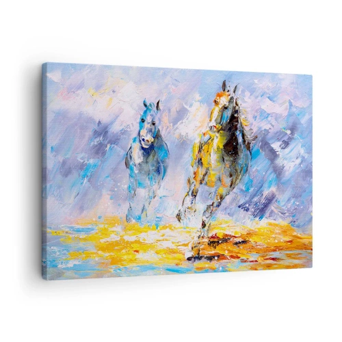 Quadro su tela - Stampe su Tela - Due cavalli in movimento sullo sfondo di un paesaggio astratto - 70x50cm - Al galoppo nella luce - Decorazione murale moderna per soggiorno e camera da letto ARTTOR