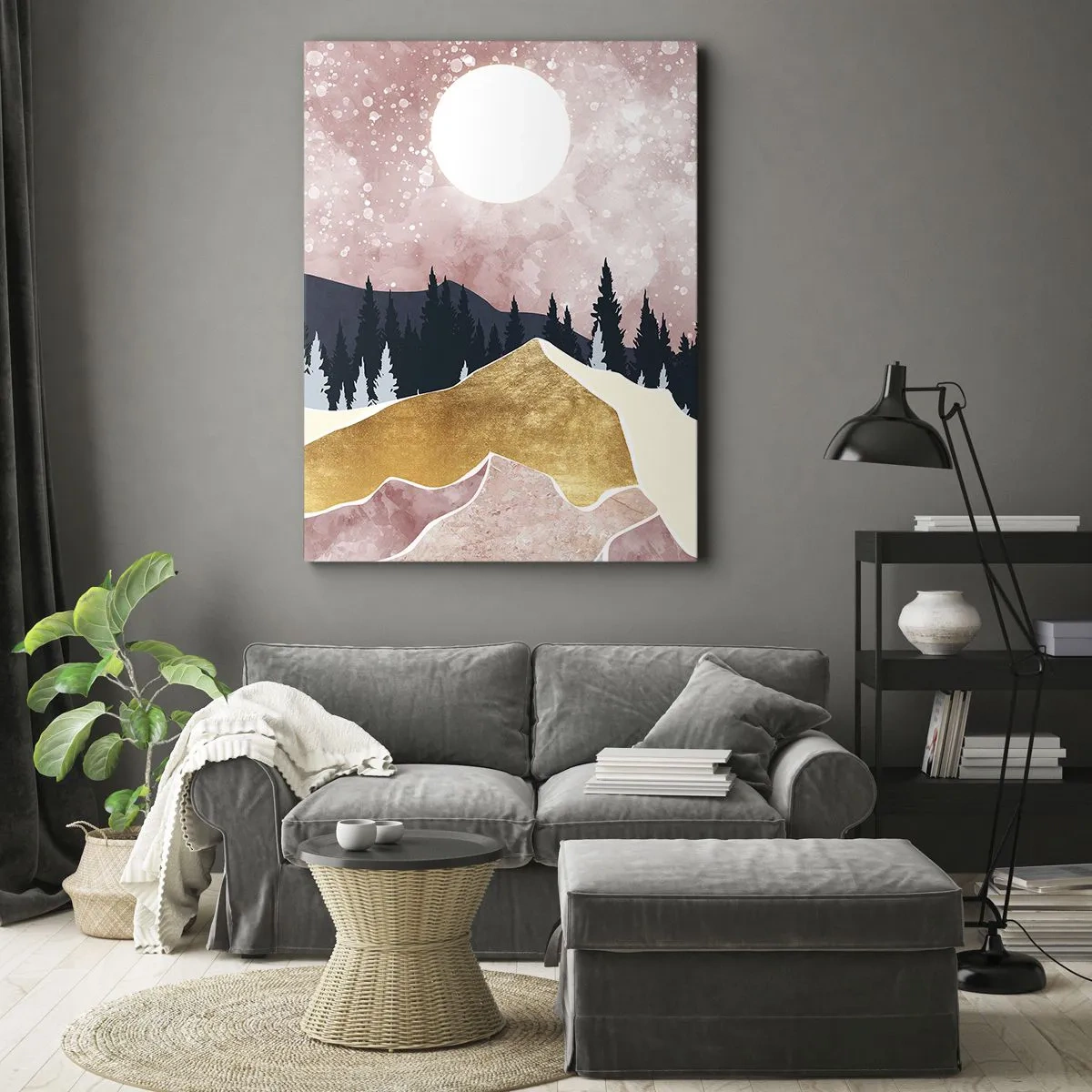 Quadro su tela - Stampe su Tela - Montagne colorate contro un cielo rosa con una luna - 70x100cm - Guardiano notturno - Decorazione murale moderna per soggiorno e camera da letto ARTTOR