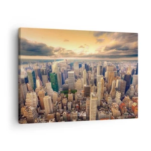 Quadro su tela - Stampe su Tela - Panorama della città con vista sui grattacieli al tramonto - 70x50cm - Metropolis dorata - Decorazione murale moderna per soggiorno e camera da letto ARTTOR