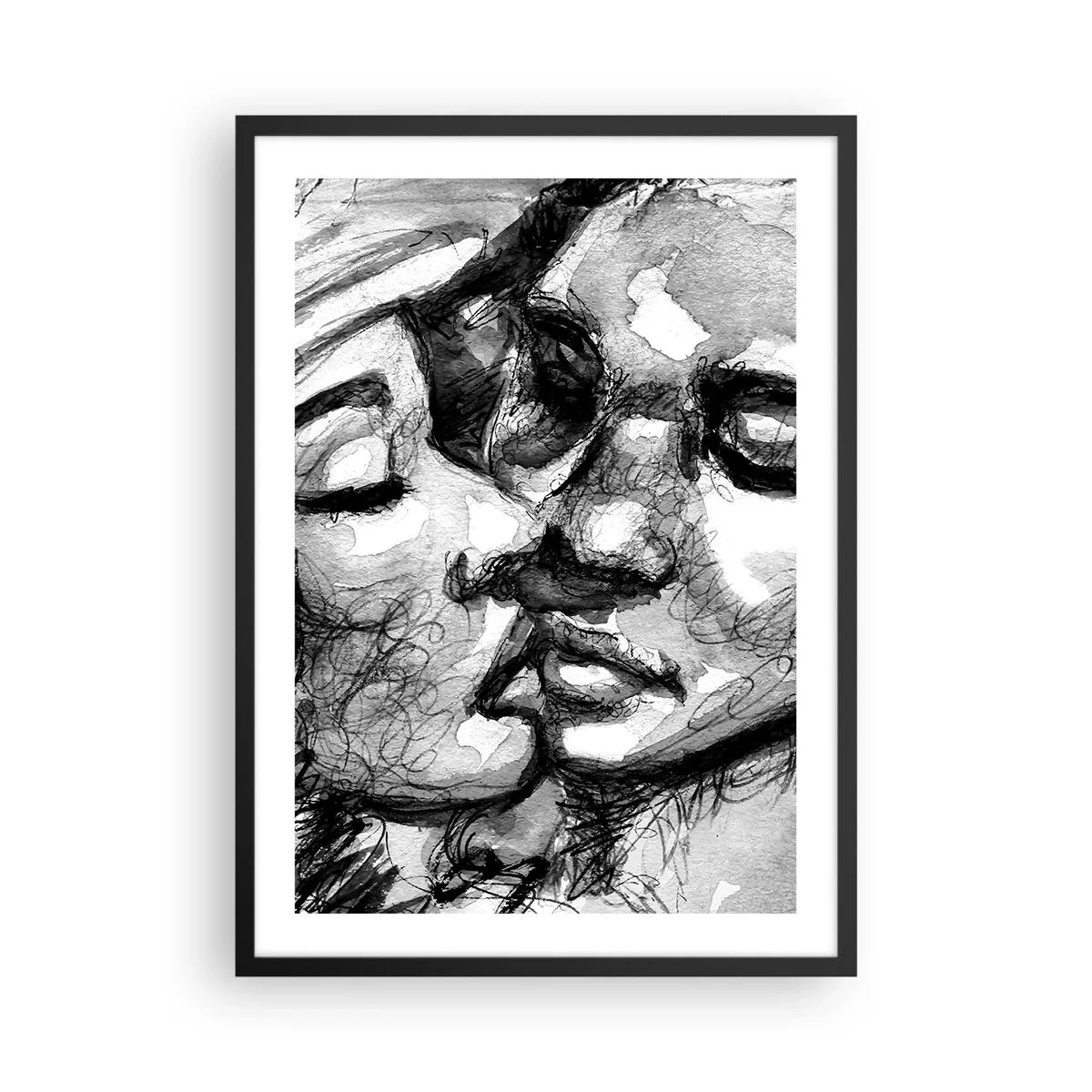 Poster in cornice nera - Ritratto astratto in bianco e nero di un bacio - 50x70cm - Un attimo di tenerezza - Decorazione murale moderna per soggiorno e camera da letto ARTTOR
