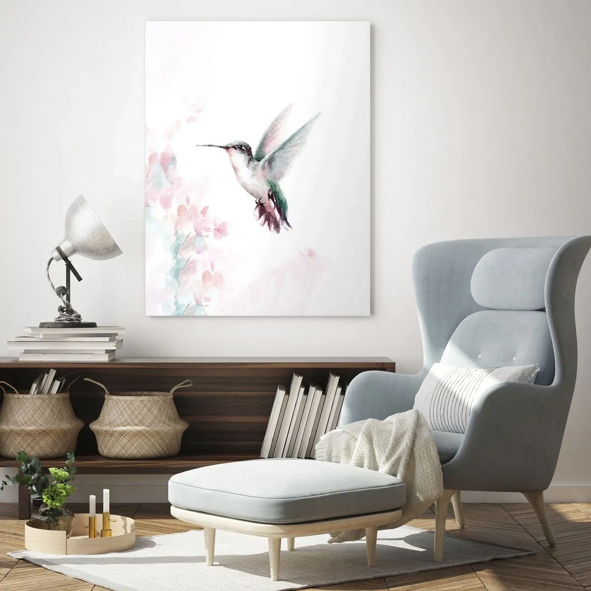 Quadro su vetro - Un colibrì dai delicati colori pastello su uno sfondo di fiori - 80x120cm - Battito immobile - Decorazione murale moderna per soggiorno e camera da letto ARTTOR