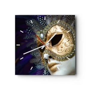 Orologio da parete - Orologio in Vetro - Maschera veneziana dorata con piume decorative e ornamenti - 30x30cm - Ritratto di Venezia in oro - Decorazione murale moderna per soggiorno e camera da letto ARTTOR