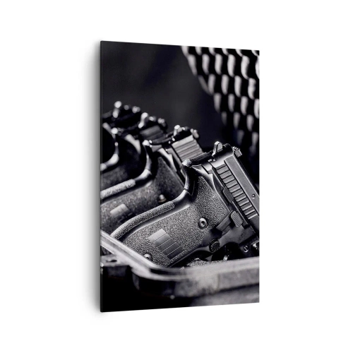 Quadro su tela - Stampe su Tela - Un'immagine in bianco e nero di una pila di armi in una valigia. - 80x120cm - Sport maschile - Decorazione murale moderna per soggiorno e camera da letto ARTTOR