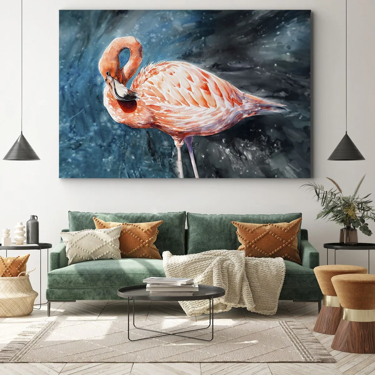Quadro su tela - Stampe su Tela - Un fenicottero rosa su uno sfondo blu acquerello - 70x50cm - Naturalmente decorativo  - Decorazione murale moderna per soggiorno e camera da letto ARTTOR