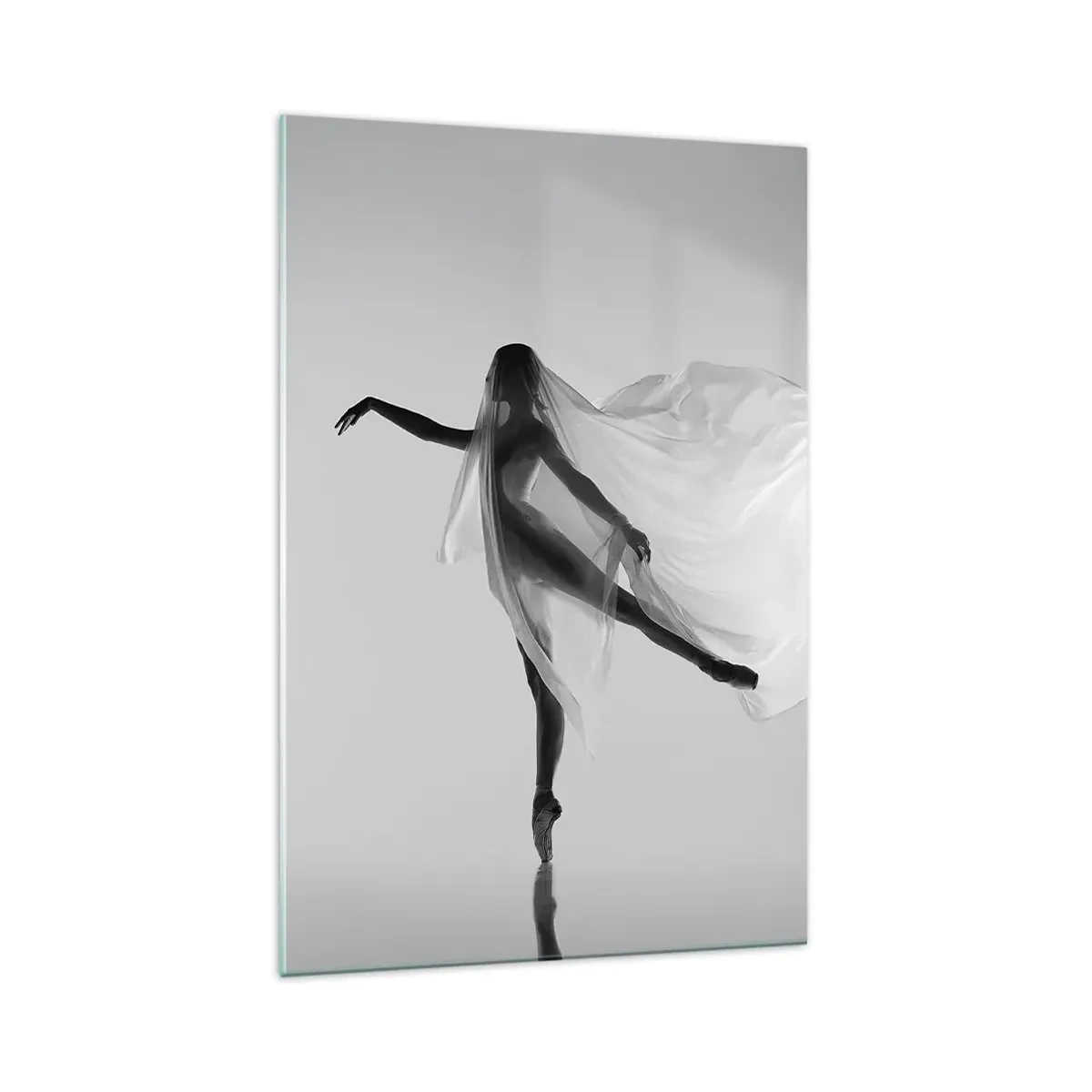 Quadro su vetro - Una ballerina in una posa eterea con tessuto fluido - 70x100cm - Leggerezza ed eleganza - Decorazione murale moderna per soggiorno e camera da letto ARTTOR