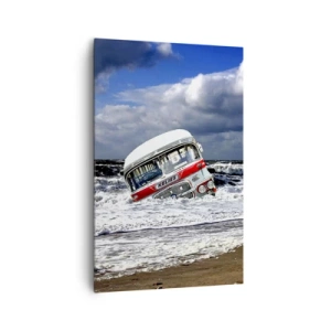 Quadro su tela - Stampe su Tela - Un autobus affondato sulla spiaggia tra onde e mare mosso - 80x120cm - Ti meravigli? - Decorazione murale moderna per soggiorno e camera da letto ARTTOR