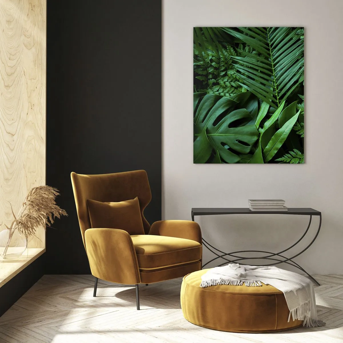 Quadro su vetro - Foglie tropicali verdi in una composizione densa e naturale - 70x100cm - Avvolti nel verde - Decorazione murale moderna per soggiorno e camera da letto ARTTOR