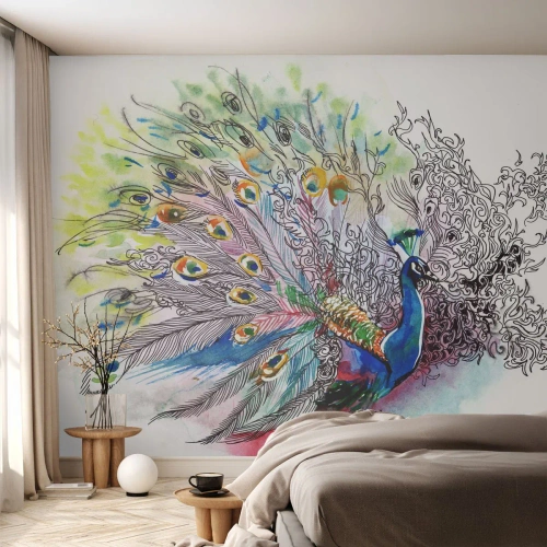 Fotomurali Standard Eco - Illustrazione ad acquerello di un pavone con una coda elaborata - 100x70cm - Con orgoglio contro il grigio - Decorazione murale moderna per soggiorno e camera da letto ARTTOR