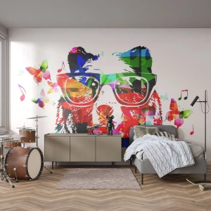 Fotomurali Premium Sand - Un orso colorato con occhiali e accenti musicali - 100x70cm - Mi piace! - Decorazione murale moderna per soggiorno e camera da letto ARTTOR